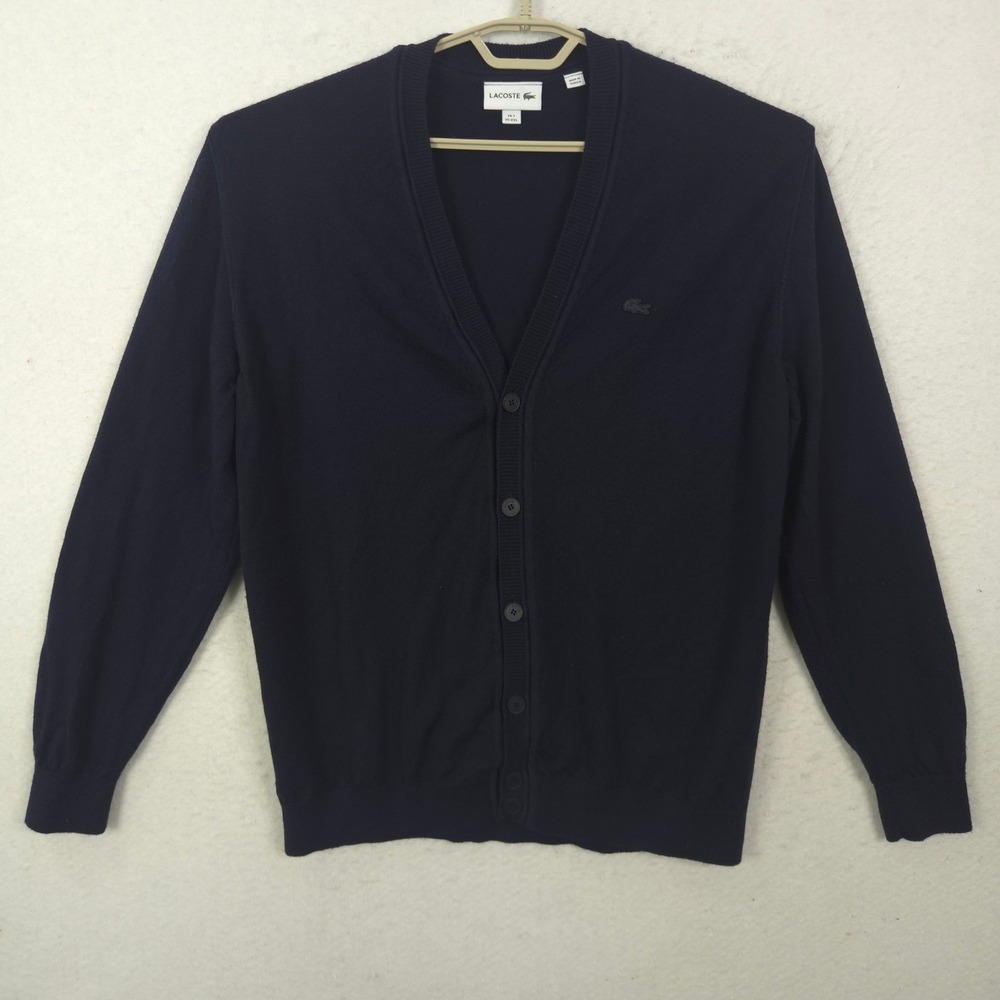 Lacoste Cardigan Mens XXL Navy Blue Wool V-Neck Button Up  Logo Tennis Sweater